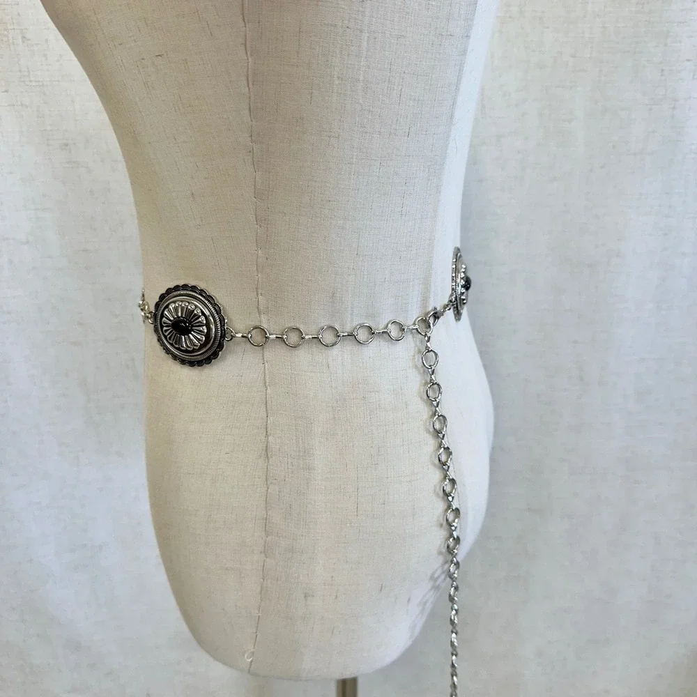 Silver Concho Chain Belt Black Faux Stone Western Boho Adjustable XS/Small‎